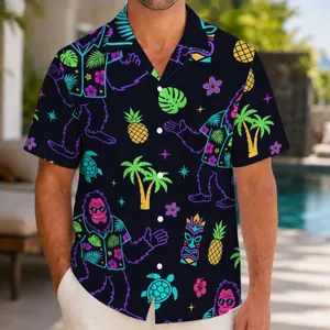Fun Neon Sasquatch Tiki Jungle Party Outfit for Beach Vacations and Summer Getaways Hawaiian Shirt