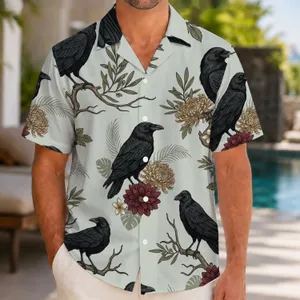 Vintage Raven Floral Botanical Shirt for Resort Getaways and Moody Nature-Lover Style Hawaiian Shirt