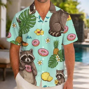 Cute Raccoon Donut Tropical Vacation Outfit For Women, Summer Beach Getaway Look Hawaiian Shirt