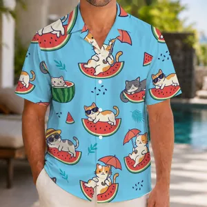 Watermelon Cat Beach Party Outfit for Summer Vacations, Pool Days, and Gift Giving Hawaiian Shirt