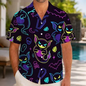 Neon Ghost Bat Skull Motifs For Spooky Summer Beachwear And Unisex Vacation Style Hawaiian Shirt
