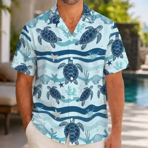 Sea Turtle Ocean Wave Starfish Coastal Motif for Beach Vacations and Cruise Getaways Hawaiian Shirt