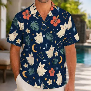 Paper-Bag Ghosts Under Moonlit Stars for Spooky Summer Beach Getaways and Cosplay Hawaiian Shirt