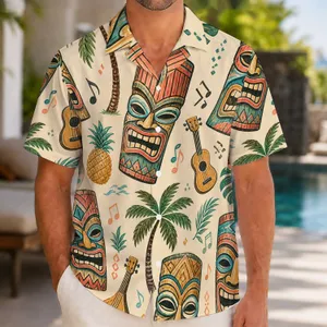 Blue Tiki Masks and Island Music for Resort Getaways and Beach Weekend Adventures Hawaiian Shirt