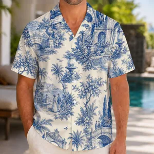 Blue Toile Garden Scenes for Wedding Guests and Resort Evenings, Men's Summer Style Hawaiian Shirt