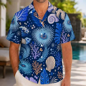 Blue Coral Ocean Botanical Motifs for Tropical Vacations and Coastal Resort Wear Hawaiian Shirt