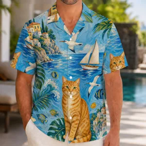 Starry Night Cat Coastal Mosaic for Sunset Vacations, Resort Weekends, and Gift Giving Hawaiian Shirt