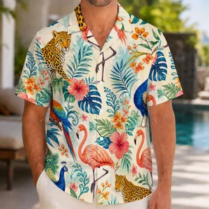 Flamingo Parrot Leopard Jungle Scene for Island Getaways and Resort Vacations for Men Hawaiian Shirt