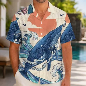 Ukiyo-e Blue Whale and Wave Scene for Island Vacations and Coastal Weekend Wear Hawaiian Shirt