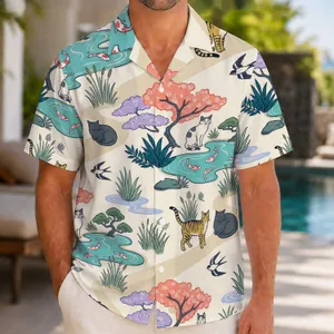 Ukiyo-E Cat Garden Scene for Vacation Gifts and Relaxed Island Days for Cat Lovers Hawaiian Shirt