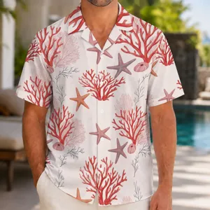Red Coral Starfish Coastal Escape For Men’s Summer Beach Getaways And Island Vacations Hawaiian Shirt