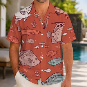 Red Tropical Fish Ocean Motif for Beach Vacations and Island Getaways for Men in Summer Hawaiian Shirt