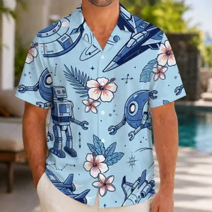 Retro Space Explorer Droids and Starships for Beach Vacations, Men and Dad Gifts Hawaiian Shirt