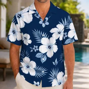Navy Hibiscus Family Matching Beach Vacation Floral Outfits for Men Women Kids and Baby Hawaiian Shirt