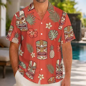 Colorful Tiki Masks, Pineapples and Tropical Flowers for Luau Parties and Island Vacations Hawaiian Shirt
