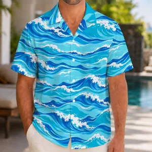 Blue Ocean Wave Stripes for Tropical Beach Getaways and Relaxed Island Vacation Style Hawaiian Shirt