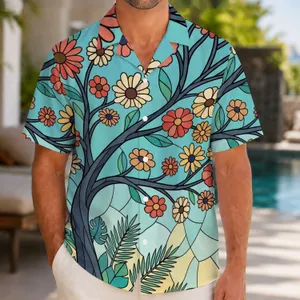 Stained Glass Flower Tree Sunlit Garden Scene For Island Vacations And Resort Days Hawaiian Shirt