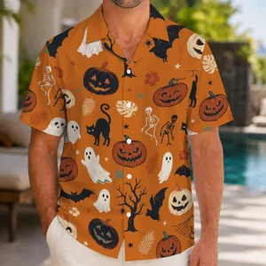 Spooky Orange Halloween Ghosts and Bats with Pumpkins for Autumn Parties and Vacations Hawaiian Shirt