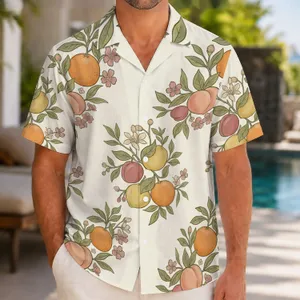 Citrus Peach Botanical Motifs for Tropical Resort Holidays | Men's Vacation Style Hawaiian Shirt