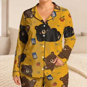 Cute Bear Doodle Sleep Set for Cozy Nights, Women's Loungewear, Mustard Brown Gift Satin Pajamas Set