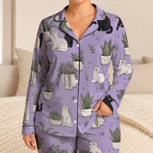 Cat And Houseplant Lavender Theme For Cozy Home Evenings And Gift Giving For Women Satin Pajamas Set