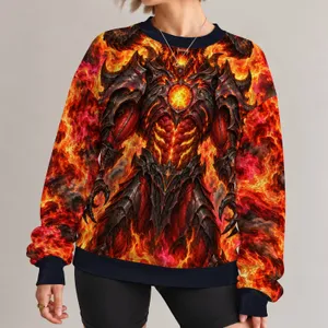 Fierce Horned Armored Demon Amid Flames for Halloween Nights and Fantasy Art Fans All-over Print Knitted Sweater
