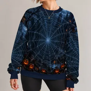 Navy Spiderweb and Pumpkin Night Scene for Halloween Parties and Autumn Outdoor Fun All-over Print Knitted Sweater