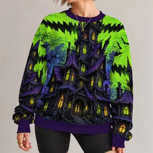 Neon Green Haunted House Halloween Party Look For Spooky Season Celebrations Adults All-over Print Knitted Sweater