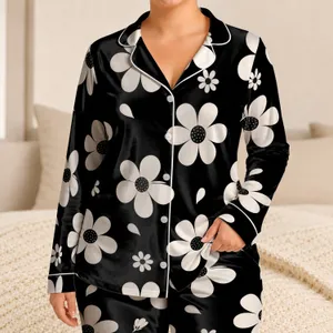 Vintage Minimalist Black Base White Daisy Blooms For Spring Summer Fall Women Style Satin Pajamas Set