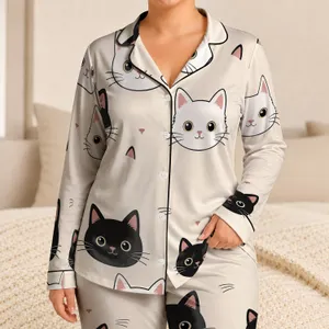Black And White Cat Faces For Cozy Bedtime Gifts For Cat Lovers And Teens At Home Satin Pajamas Set