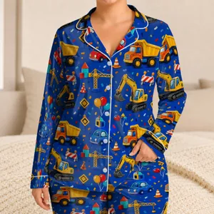 Cobalt Blue Construction Motif Bedtime Set For Boys Spring Summer Playroom Ready Satin Pajamas Set