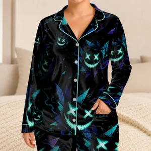 Moody Neon Face Nightwear For Teen Lounge Nights, Cozy Loose Fit Two-Piece Short Set Satin Pajamas Set