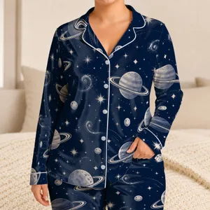 Navy Celestial Planet Bedroom Comfort For Cozy Winter Nights For Teens And Adults Satin Pajamas Set
