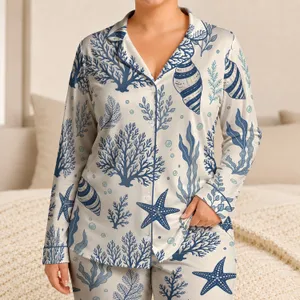 Coastal Coral Seashell Motifs for Summer Beach House Lounging and Gift Giving for Her Satin Pajamas Set