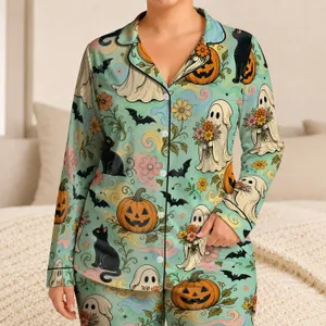 Vintage Halloween Ghosts, Pumpkins, and Cats Cozy Fall Gifts for Women and Teens Satin Pajamas Set