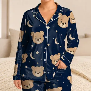 Teddy Bear Moon And Star Bedtime Lounge Style For Teens, Cozy Navy Beige Evenings Satin Pajamas Set
