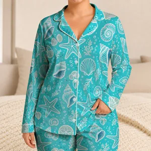 Aqua Coastal Shell Motifs for Summer Nights and Sleepovers, Teens and Tweens Gift Satin Pajamas Set