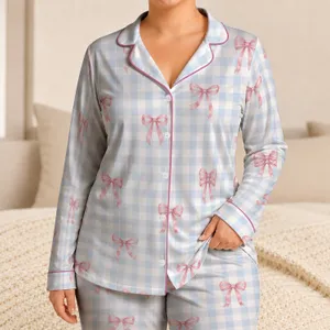Powder Blue Gingham With Dusty Pink Bows For Cozy Spring And Summer Home Lounging Satin Pajamas Set