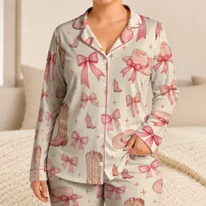 Pink Cowboy Boots And Bows Cozy Western Bedtime Gift For Girly Women Bedroom Style Satin Pajamas Set