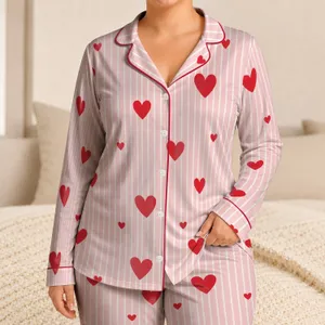 Blush Pink Stripe Heart For Cozy Spring Summer Evenings At Home Wear For Women Daily Satin Pajamas Set