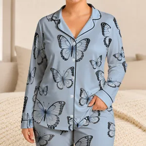Powder Blue Butterfly Lounge Set for Relaxing Cozy Nights and Gift Giving for Women Satin Pajamas Set