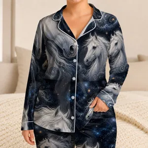 Celestial White Horses Under Starry Skies For Luxe Evening Comfort At Home For Women Satin Pajamas Set