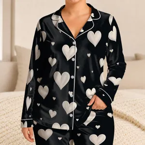Black Heart Scatter For Cozy Romantic Nights, Giftable Soft Evening Comfort At Home Satin Pajamas Set
