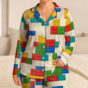 Colorful Toy Brick Mosaic Soft Cream Cozy Home Relaxation Gift for Kids and Adults Satin Pajamas Set