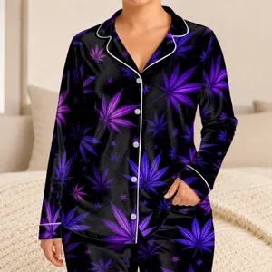 Violet Cannabis Leaves On Inky Black For Relaxed Nighttime Style For Him Gift Idea Satin Pajamas Set