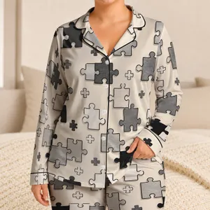 Black and White Puzzle Motif Cozy Evening Wear for Men With Bold Contrast At Home Satin Pajamas Set