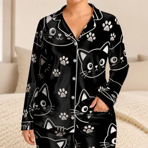 Cute Kitten Face Motif For Cozy Home Days And Gift Giving For Girls And Teens Style Satin Pajamas Set