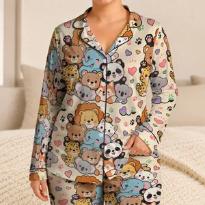 Cute Kawaii Zoo Animals for Cozy Home Bedtime Lounging and Gift Giving for Women Satin Pajamas Set