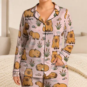 Cute Capybara Sleepwear Set For Cozy Bedtime Lounging And Girls' Night In At Home Satin Pajamas Set