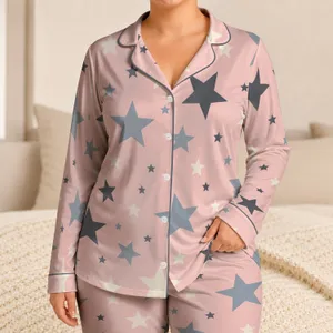 Blush Pink Star Motif Two-Piece Set for Cozy Autumn Nights and Gift Giving for Women Satin Pajamas Set